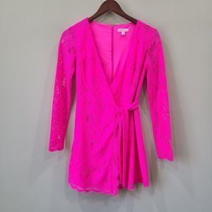 Lilly Pulitzer Women Tiki Wrap Romper Size XS Lace Pink Raz berry Paradise Found